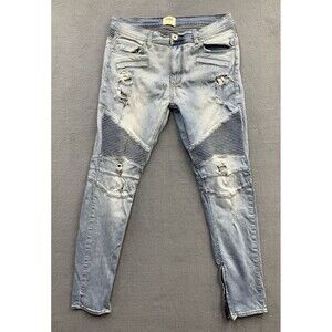 KDNK Denim Jeans 34x32 Light Blue Moto Destroyed Distressed Ankle Zip 11 4 14 11